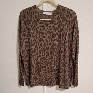 Zara Brown Animal Print Long Sleeve Top